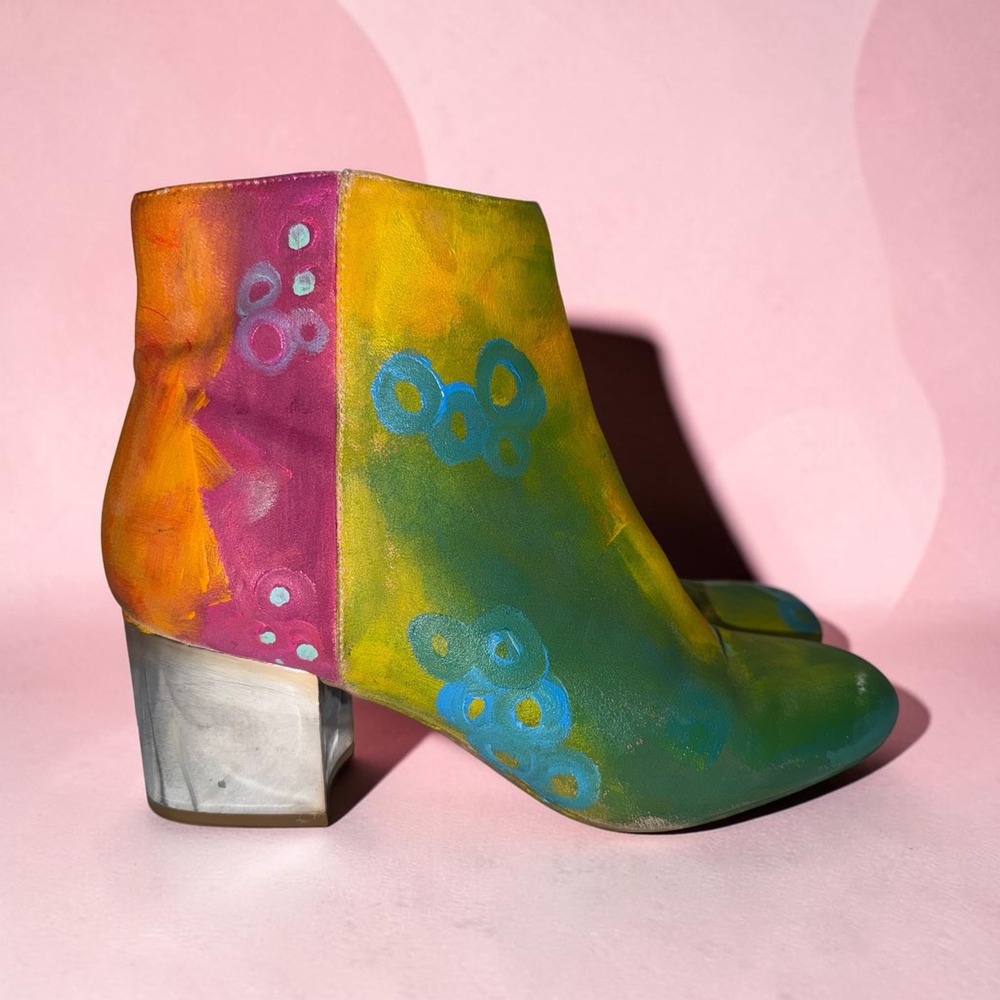 Aldo Custom Hand Painted Rainbow Abstract Ankle Boots Silver Block Heel Size 10
